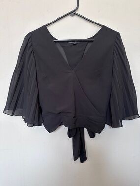Chiffon Black Pleated Flutter Sleeve Top